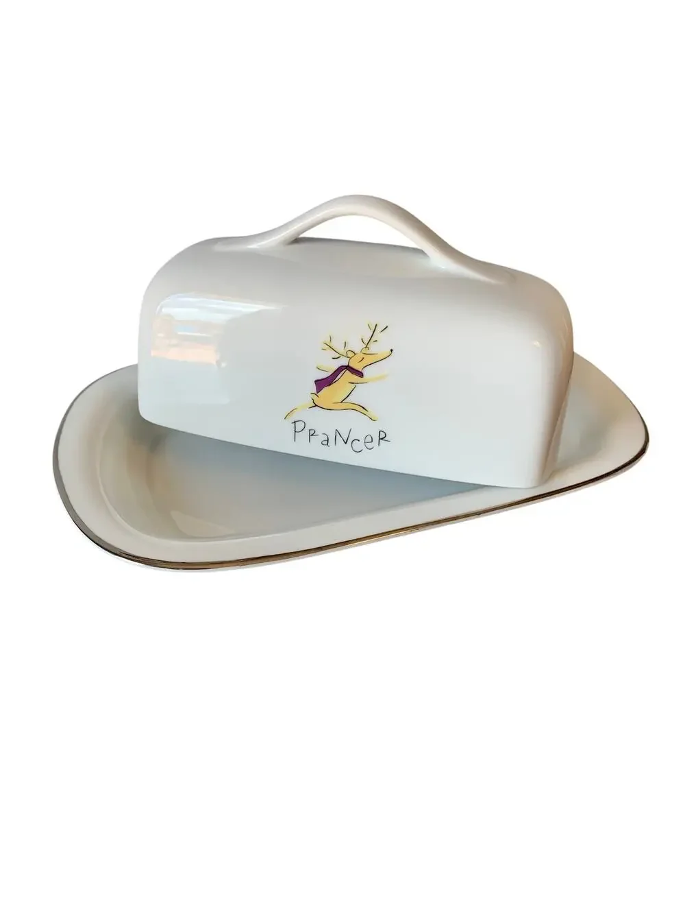Pottery Barn Reindeer Prancer Butter Dish Serving Buffet Christmas Porcelain EUC